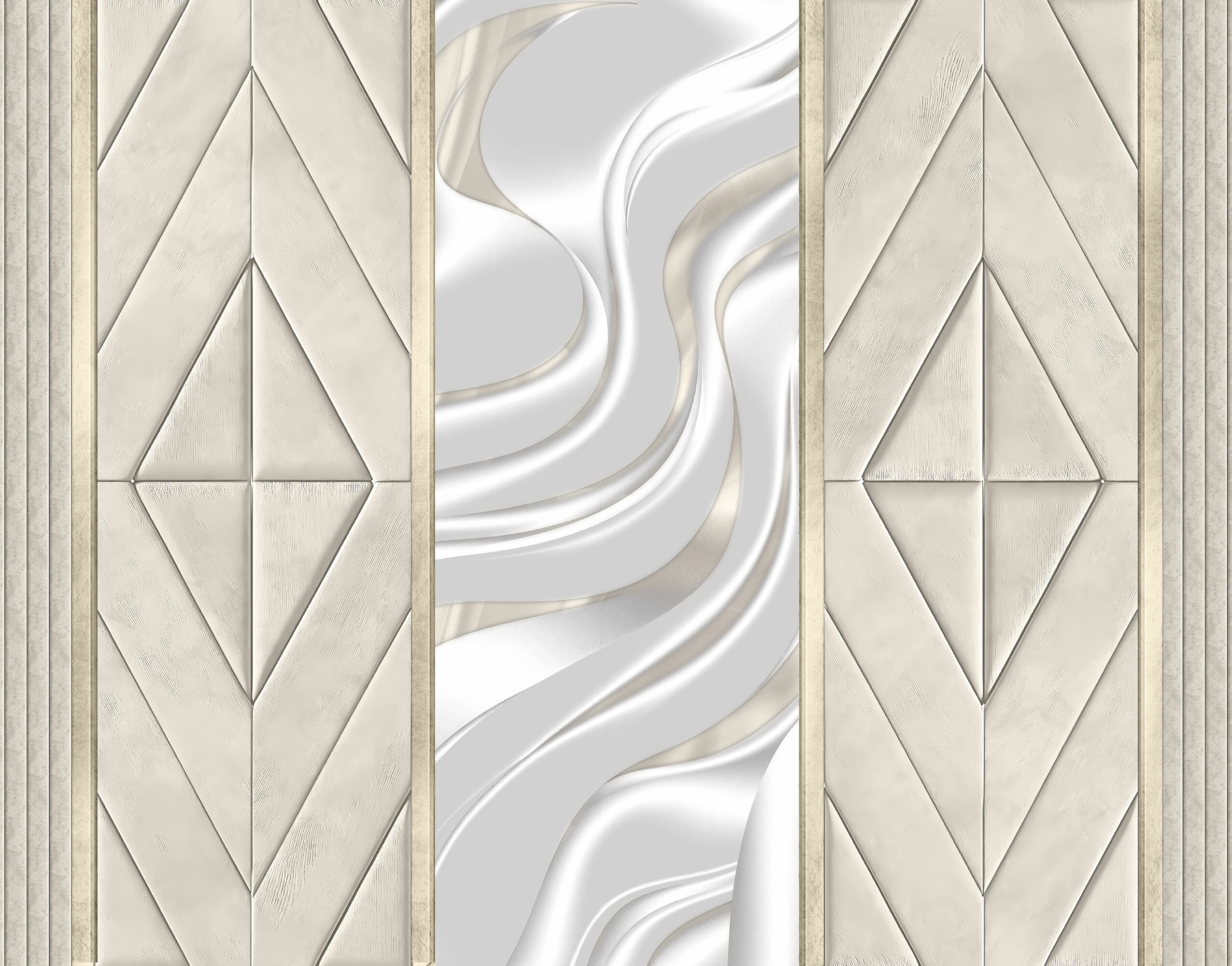 Açık Bej Geometrik Saten Dokulu Şeritli Elegant Duvar Kağıdı