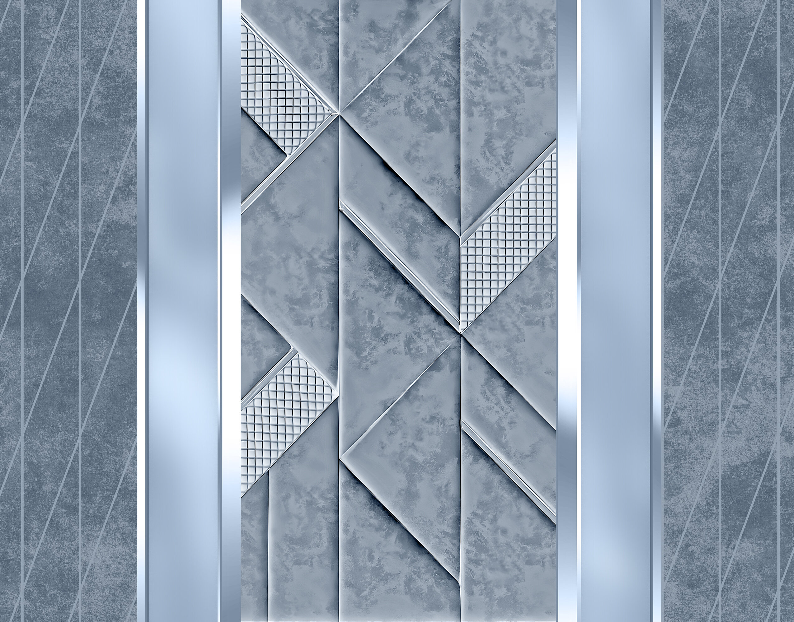 Gri Mavi Geometrik 3D Panel Mozaik Detay Modern Duvar Kağıdı
