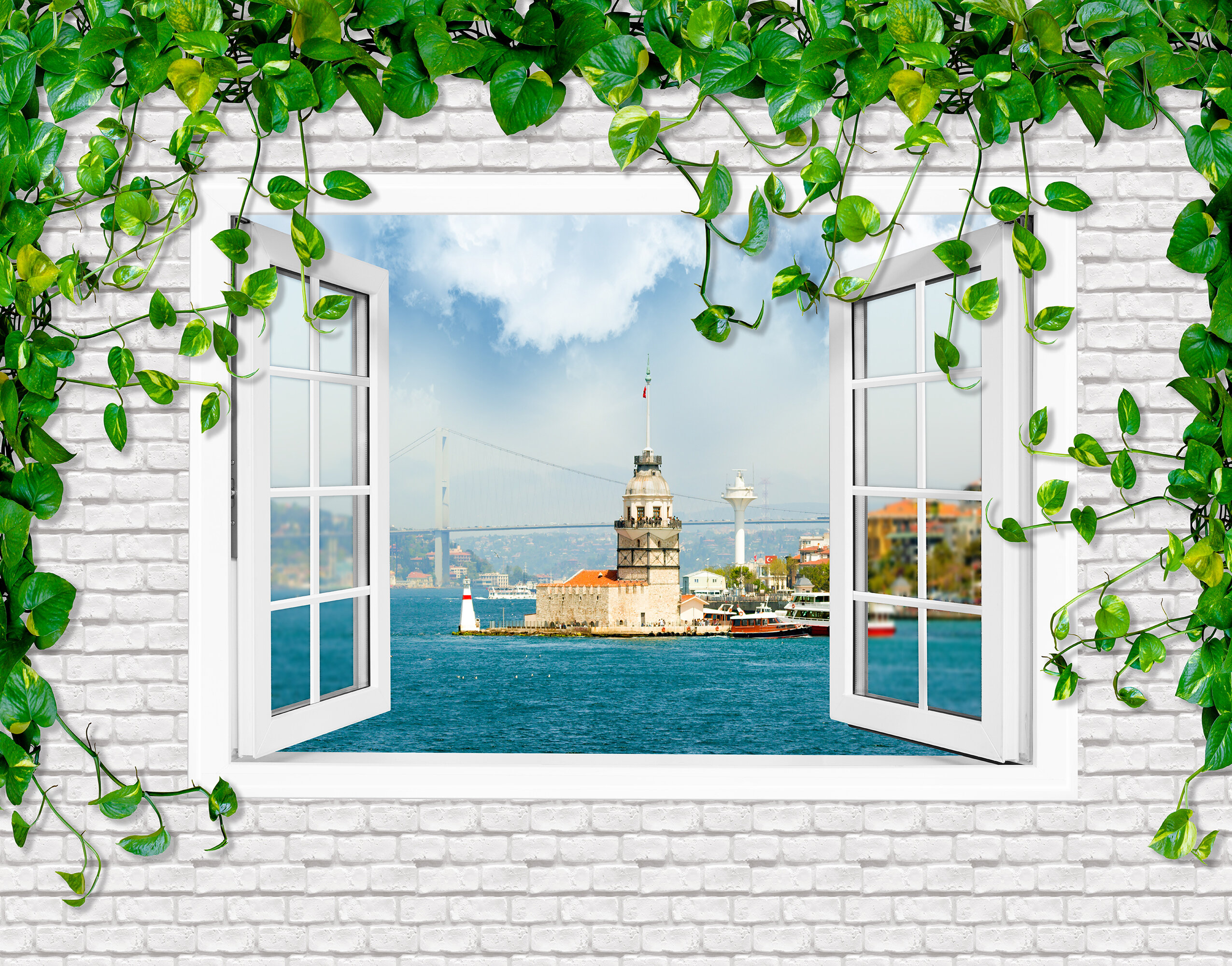 İstanbul Kız Kulesi Pencere Manzarası ve Sarmaşık Çerçevesi Duvar Kağıdı
