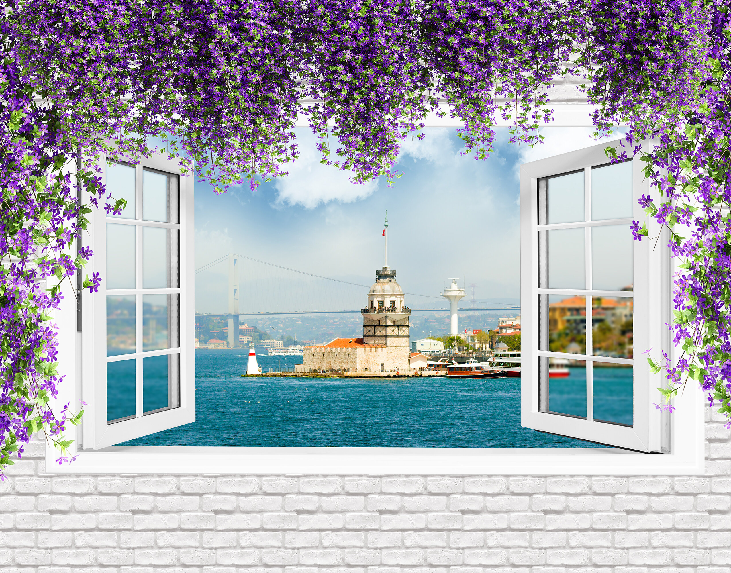 Kız Kulesi Pencere Manzarası Mor Çiçekli Pergola Duvar Kağıdı