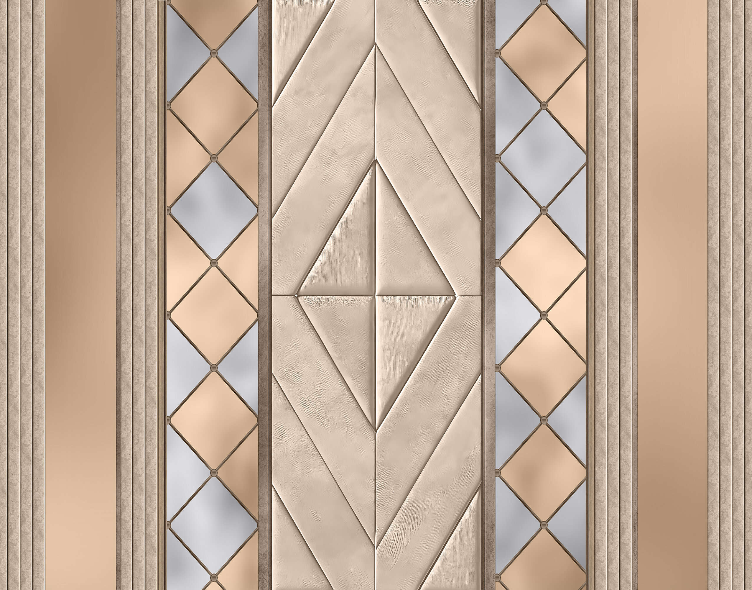 Krem Bej Geometrik Karo Desenli Şeritli Elegant Duvar Kağıdı