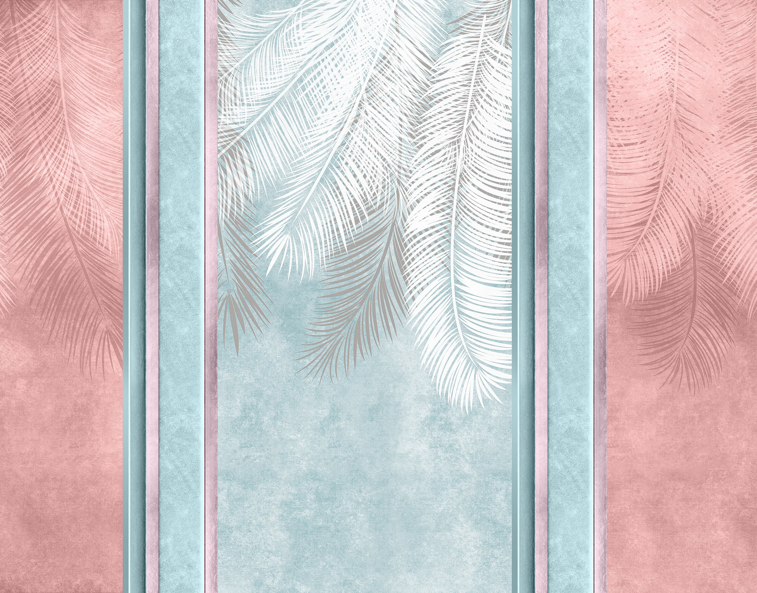 Palmiye Yaprak Panel Pastel Pembe Mint Desen Duvar Kağıdı