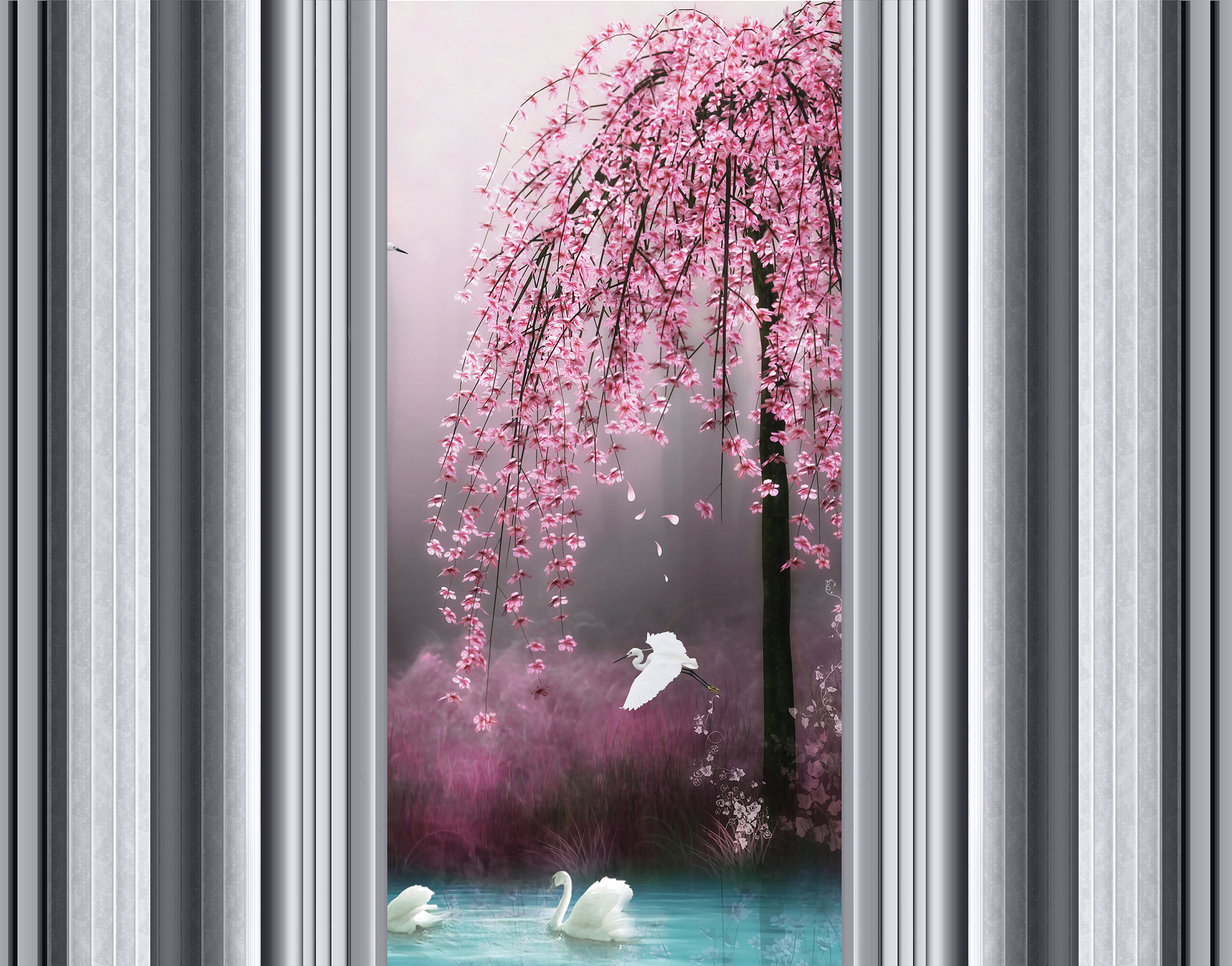 Pembe Sakura Ağaç Kuğu Göl Duvar Kağıdı