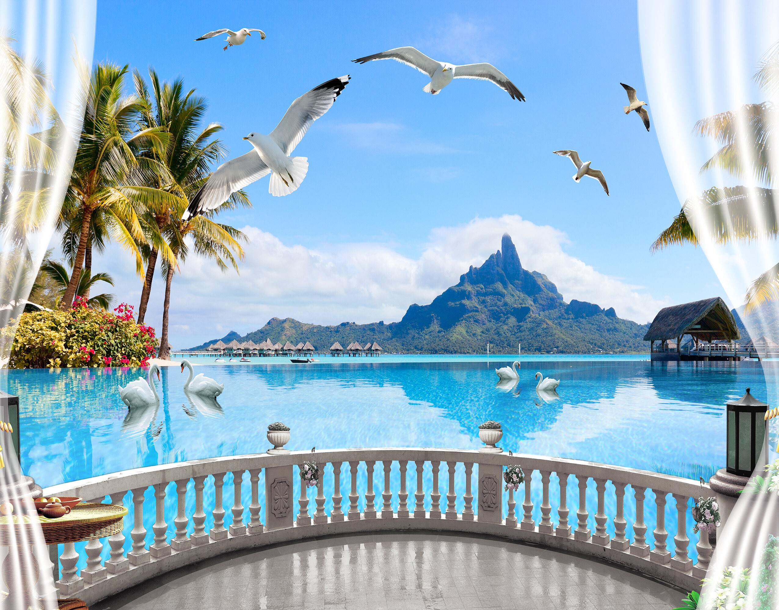 Tropical Island Luxury Kuğu Havuz ve Palmiye Bahçeleri Duvar Kağıdı