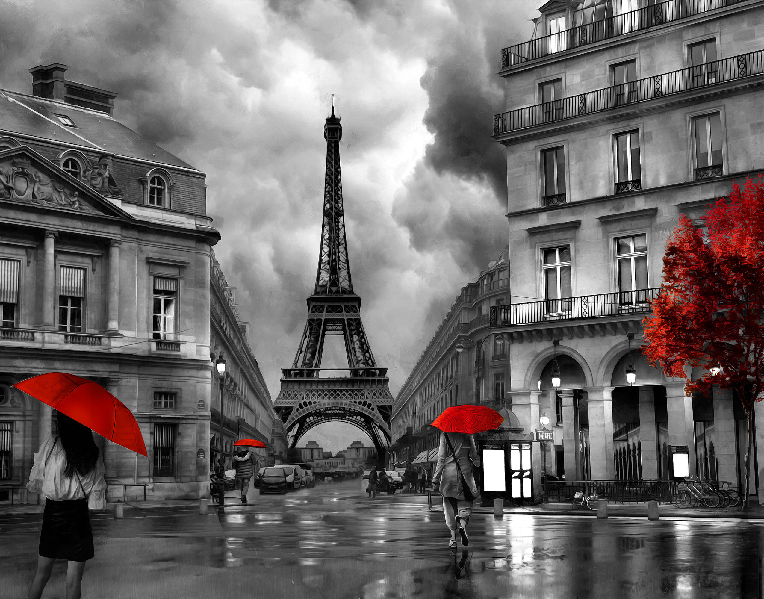 Paris Siyah Beyaz Kırmızı Duvar Kağıdı